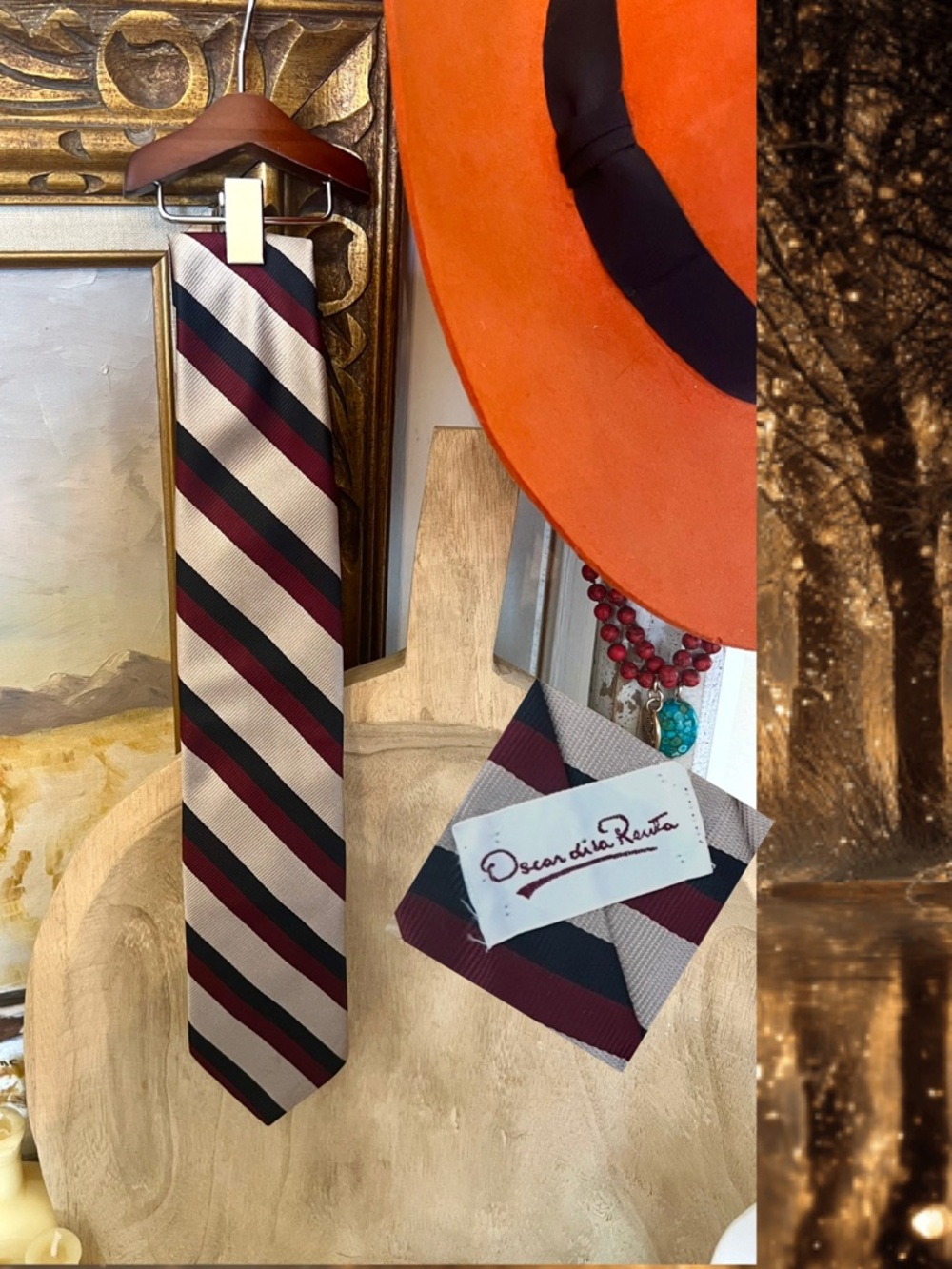 Vintage Oscar de la Renta 1990’s Silk Necktie Striped Geometric Preppy Pattern